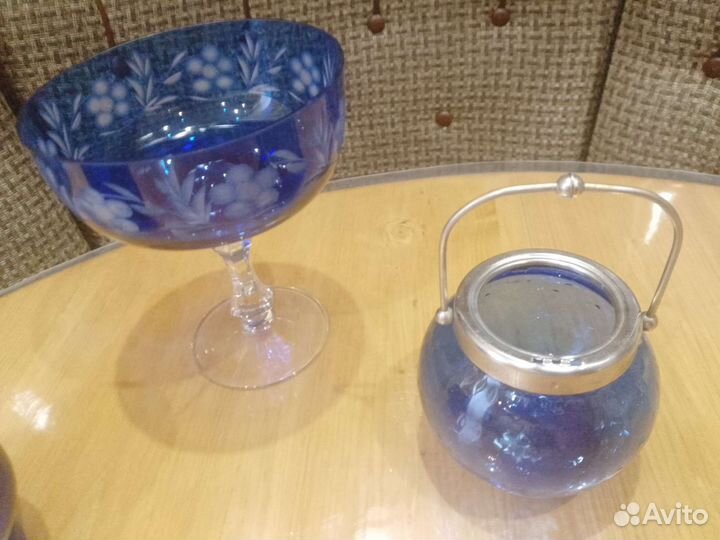 Сахарница конфетница СССР синее стекло