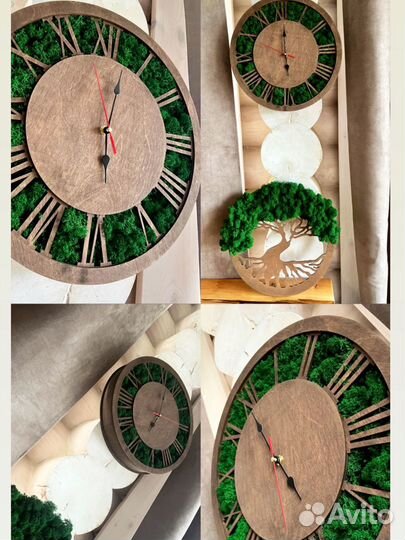 Часы из дерева со мхом стабилизированным / мох