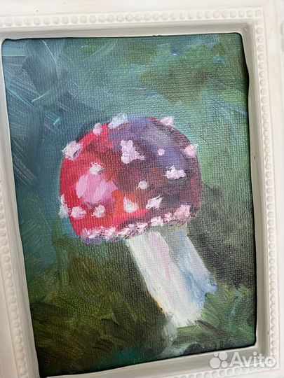 Картина маслом в рамке, гриб мухомор 15х21