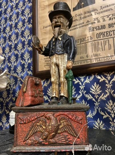Старинная механическая копилка 19 век Uncle Sam