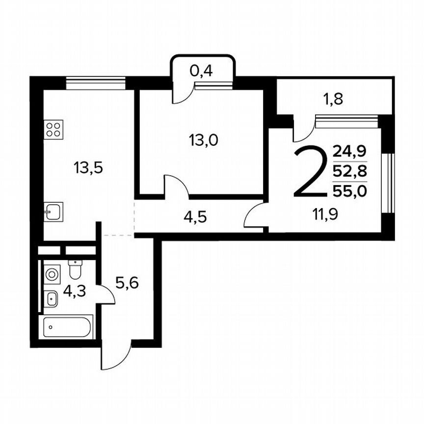 2-к. квартира, 55 м², 11/14 эт.