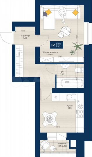 1-к. квартира, 36,7 м², 3/5 эт.