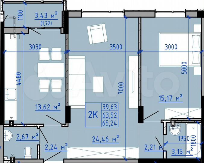 2-к. квартира, 64,8 м², 1/9 эт.