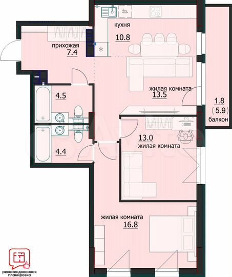 3-к. квартира, 54,8 м², 9/12 эт.