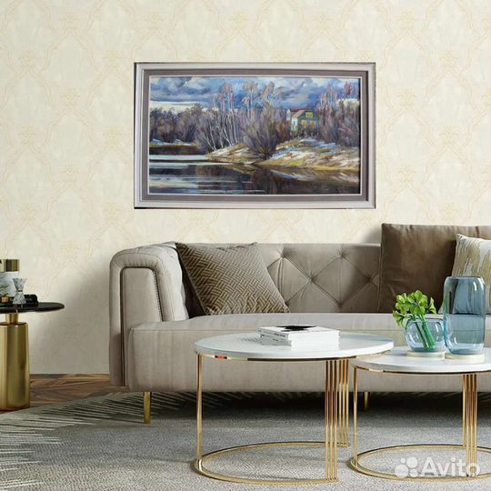 Картина маслом весенний пейзаж в раме 45х80