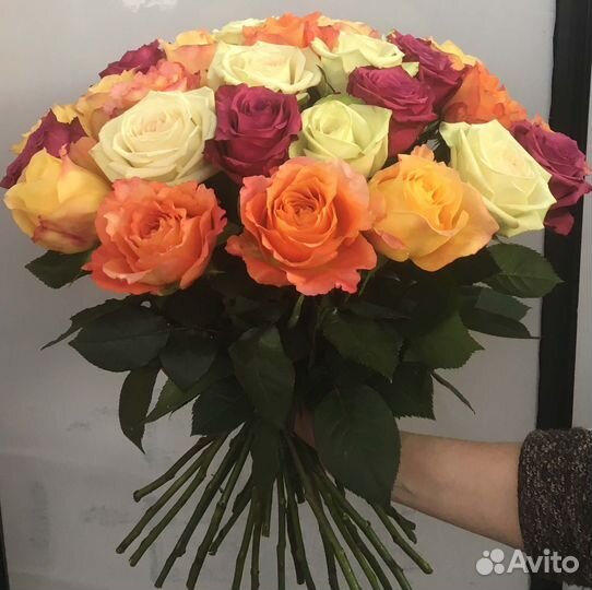 Букет разноцветных роз, Эквадор, 50см 13 шт