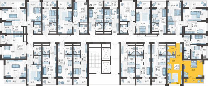 2-к. квартира, 42,8 м², 3/19 эт.