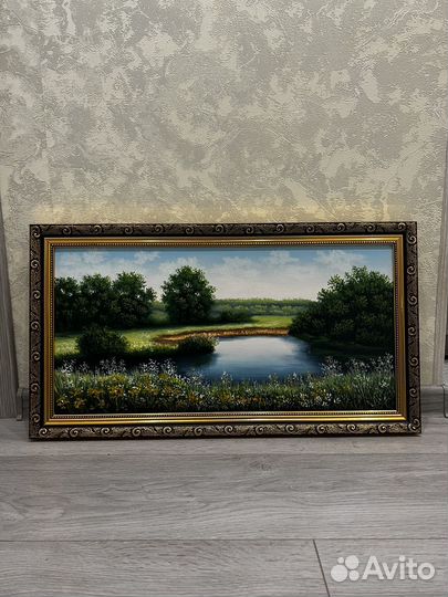 Картина масло холст пейзаж озеро пруд лето