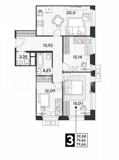 3-к. квартира, 79,7 м², 6/25 эт.