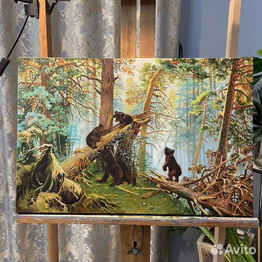 Картина маслом утро в сосновом лесу