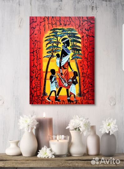 Картина маслом Африканка с детьми холст 40на30см