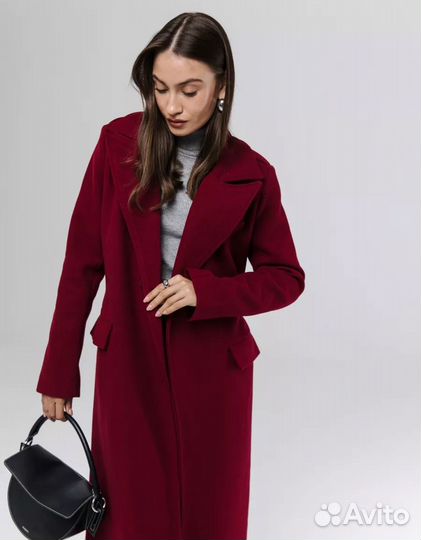 Пальто длинное осень приталенное M бардовое