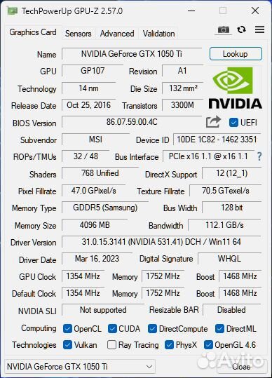 MSI GeForce GTX 1050 Ti 4GB Gaming X
