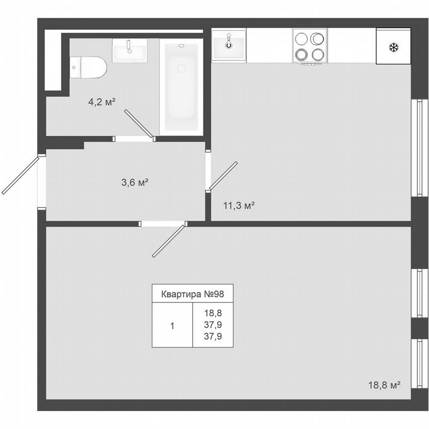 1-к. квартира, 37,9 м², 2/4 эт.