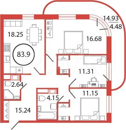 3-к. квартира, 83,9 м², 7/12 эт.