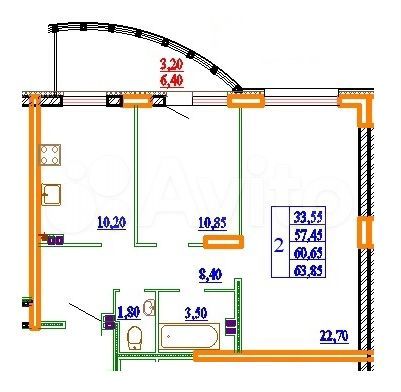 2-к. квартира, 63,9 м², 2/14 эт.