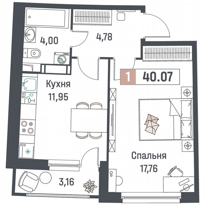 1-к. квартира, 40,1 м², 10/18 эт.