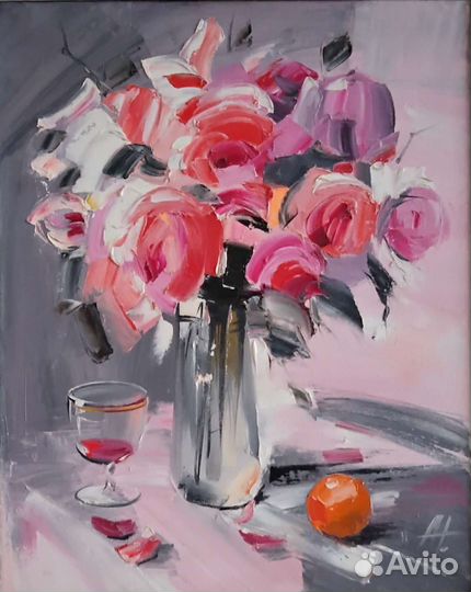 Картина холст масло 48*58 цветы букет натюрморт