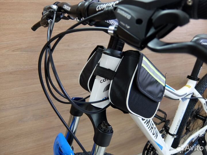 Сумка вперёд на раму чёрная, светоотражающая лента