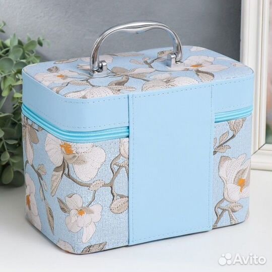 Шкатулка кожзам с зеркалом 'Цветы. Голубой' набор