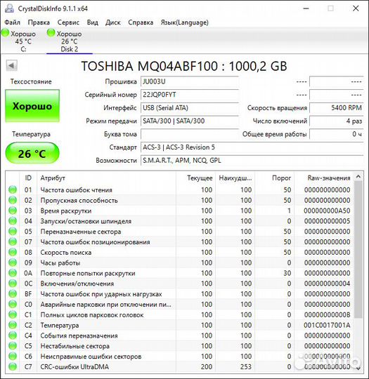 1TB Toshiba MQ04 (MQ04ABF100) HDD 2.5