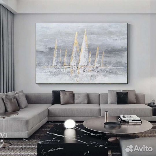 Большая картина маслом парусники в тумане