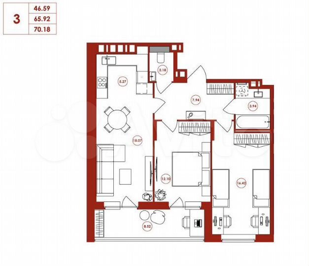 2-к. квартира, 58,8 м², 14/16 эт.