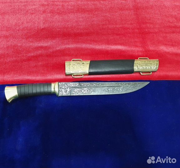Нож пластунский из Дамасск резной. 100 ручная раб