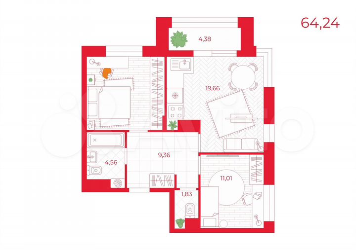 2-к. квартира, 64,2 м², 13/13 эт.