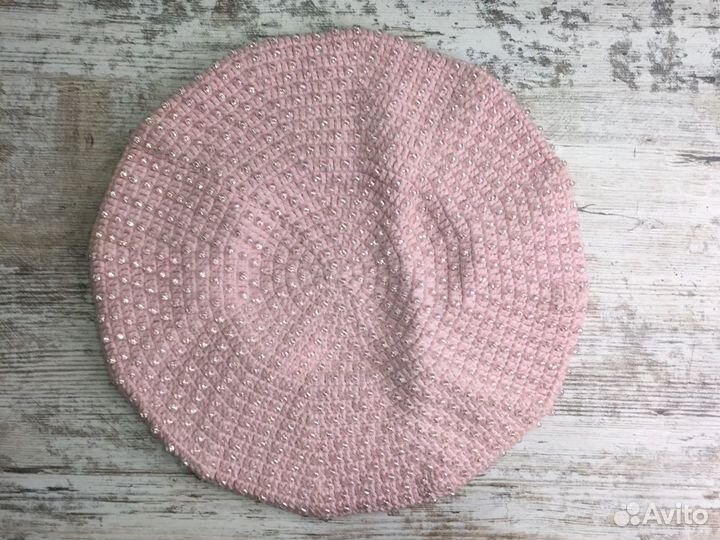 Берет розовый для девочки с бисером из хлопка,ручн