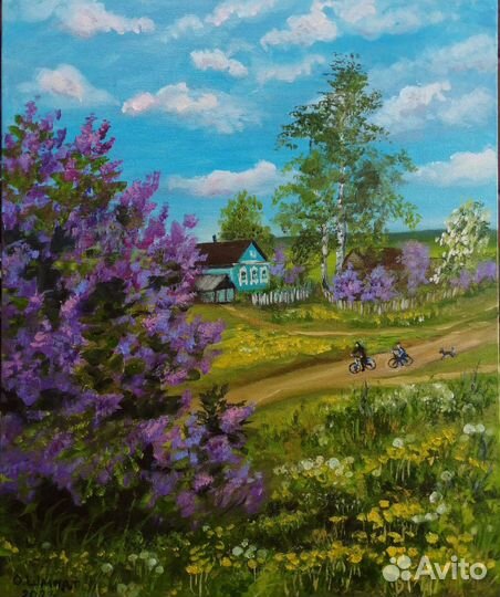 Картина маслом на холсте. Детство в деревне 50х40