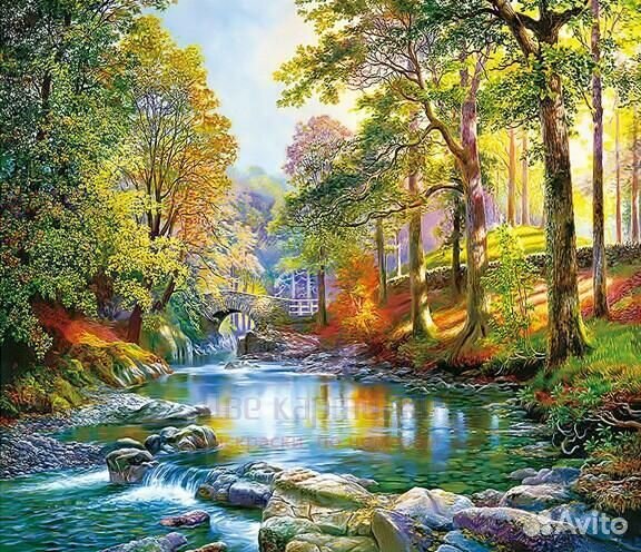 Алмазная мозаика 40x50 Каменный мостик через лесно