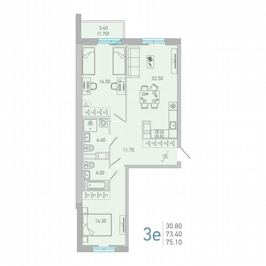 2-к. квартира, 75,1 м², 4/17 эт.