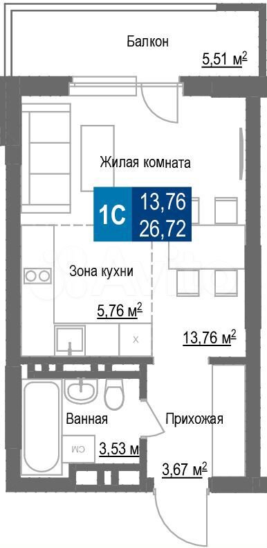 1-к. квартира, 26,7 м², 8/25 эт.