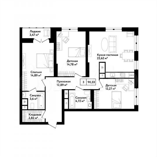3-к. квартира, 90,3 м², 5/25 эт.