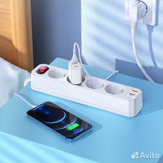 Сетевой фильтр Hoco NS1 1.8м, 4*220В + QC + PD