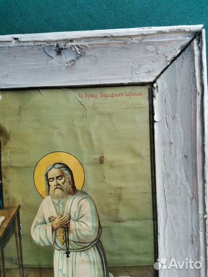 Икона старинная Серафим Саровский литография рама