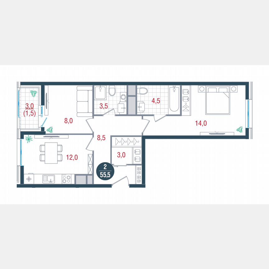 2-к. квартира, 55 м², 17/17 эт.