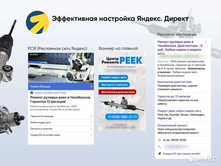 Сайт + Реклама Яндекс по ремонту рулевых реек