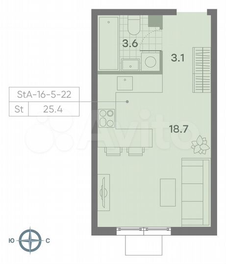 Квартира-студия, 25,4 м², 21/23 эт.