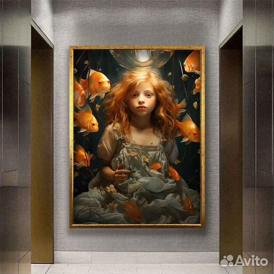 Большая картина маслом девочка с рыбками Примерка