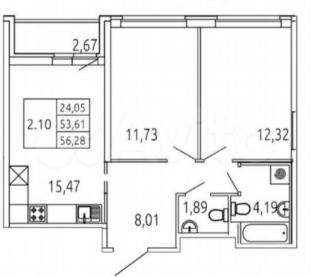 2-к. квартира, 53,4 м², 5/20 эт.