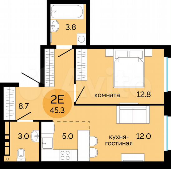 2-к. квартира, 45,3 м², 2/14 эт.