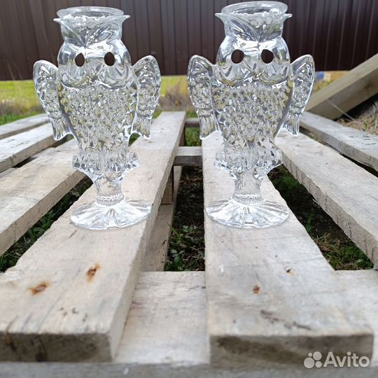 2 хрустальные совы-подсвечники
