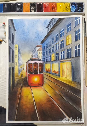 Акварельная картина. Формат А4. Городской пейзаж