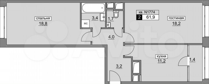 2-к. квартира, 62 м², 12/13 эт.