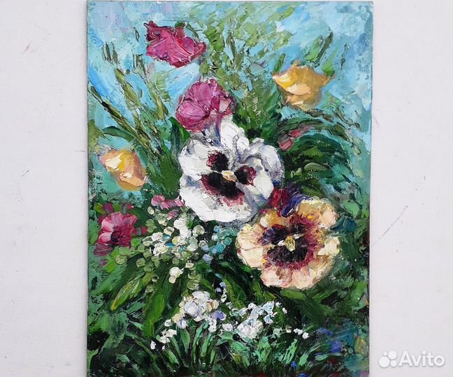 Две картины маслом Анютины глазки Маки