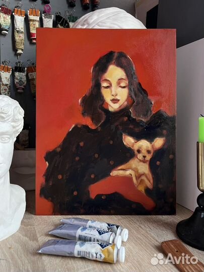 Картина маслом Дама и Той-терьер 40/30 см