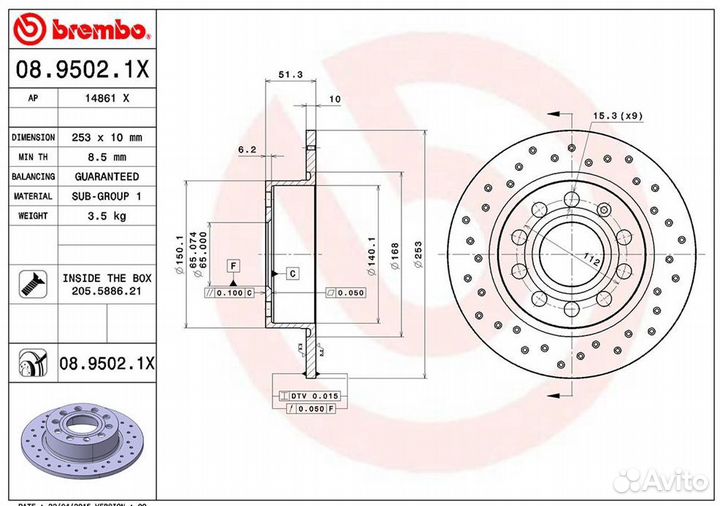 Brembo, 08.9502.1X, Диск тормозной VAG A3/octavia/yeti/golf 5/golf 6/jetta 4 03- зад.вент. (С перфор