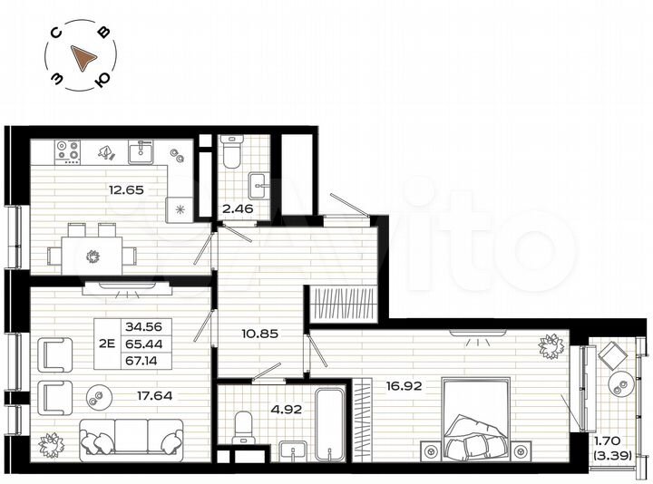 2-к. квартира, 67,1 м², 4/9 эт.